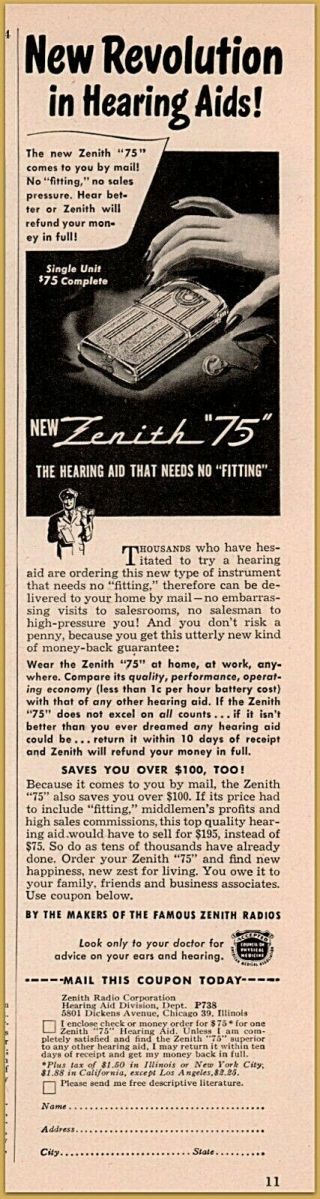 1948 A Zenith " 75 " Revolution In Hearing Aid No Fitting Needed Print Ad
