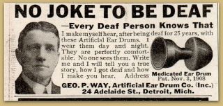 1917 George Way Hearing Aid Artificial Medicated Ear Drums Deaf Print Ad