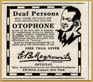 1917 A E B Meyrowitz Optician Otophone Hearing Aid Deaf Print Ad