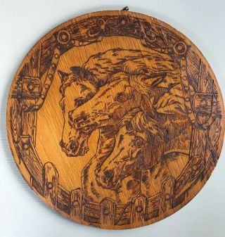 Vintage Flemish Art Pyrography Wooden Plaque Horses Equestrian Decor Wood 13 "