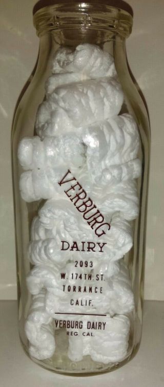 Verburg Dairy Vintage Glass Pint Milk Bottle California Rare Antique Farm Decor