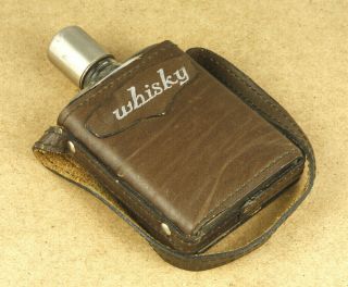 Vintage Whisky Glass Flask In Leather Case 13x7.  7cm