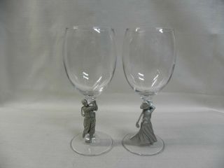 Fort Pewter Man Woman Golfer Figurines Glass 7 " Water Wine Goblets Marked