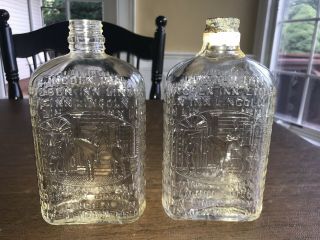 2 Prohibition Era Abraham Lincoln Inn Old Rye Whiskey Embossed Glass Bottles