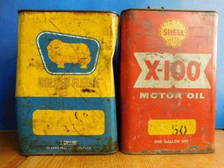 2x Scarce Golden Fleece & Shell X - 100 Motor Oil 1 Gallon Cans Tins
