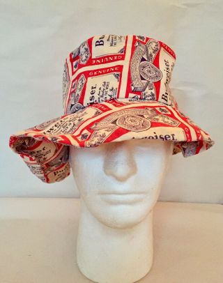 Vintage 1970s Budweiser Beer Patchwork Print Bucket Crusher Boonie Beach Hat