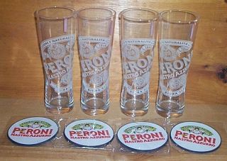 Peroni Signature Tumbler 4 Beer Pint Glasses & Coasters