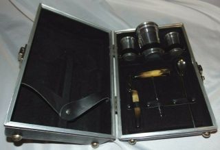 Vintage Portable Bar Hard Case W/cork Screw Can Opener Spoon Cups Shot Glasses