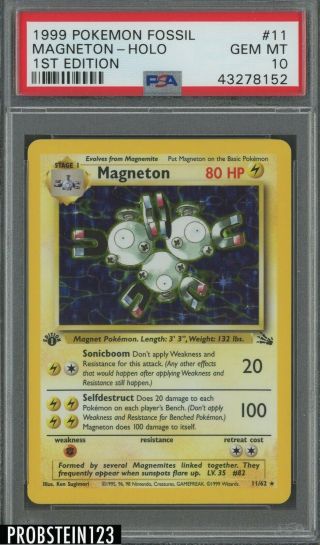 1999 Pokemon Fossil 1st Edition 11 Magneton Holo Psa 10 Gem Mt