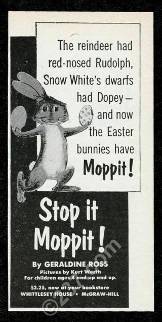 1959 Stop It Moppit Bunny Rabbit Book Release Geraldine Ross Kurt Werth Ad
