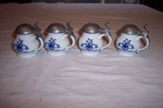 Set Of 4 Rare Miniature Royal Tettau Chateau Blue Lidded Ceramic Steins - Bavaria