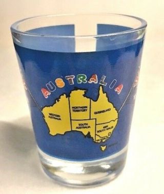 Vintage Australia Souvenir Shot Glass Blue W Yellow Map Flags