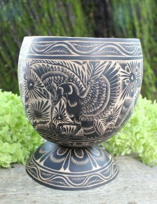Decorative Footed Bowl Highly Detailed Animals Hand Carved Gourd Folk Art Mexico