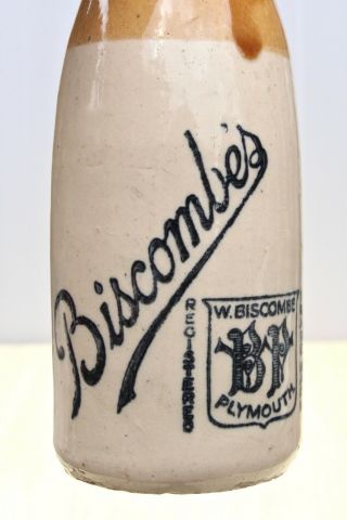 Vintage 1920s Biscombe Plymouth Devon Crown Cap Stone Ginger Beer Bottle