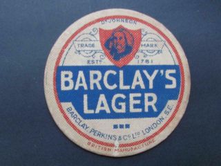 C1930s Barclays Lager London S.  E.  Beer Coaster Barclay,  Perkins & Co Ltd