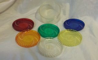 Mid Century Plastic Coasters Set Of 6 Blue Red Yellow Clear Green Orange S Logo