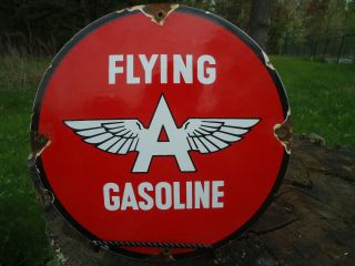 Old Vintage Flying A Gasoline Porcelain Enamel Gas Pump Sign