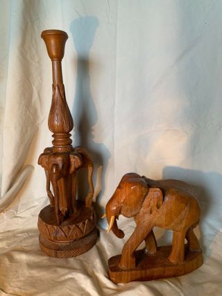Hand Carved Wooden Elephant Lamp Base With Matching Elephant Sculpture