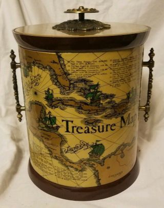 Vtg Mid Century Barware Old World Treasure Map Sunken Ship Ice Bucket