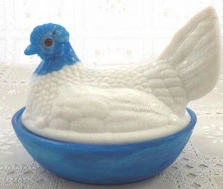 Glass Hen On Nest Covered Dish Blue & White Chicken 7 " Eyes & Chips