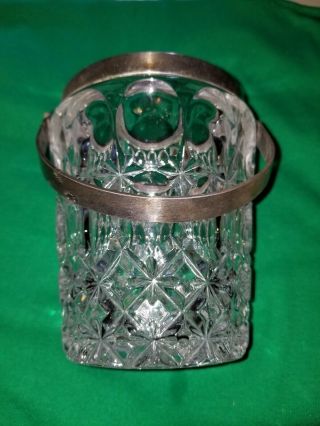 Vintage Diamond Pattern Cut Glass Ice Bucket With Silver Metal Handle & Tongs