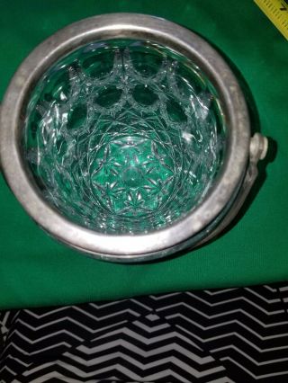 Vintage Diamond Pattern Cut Glass Ice Bucket with Silver Metal Handle & Tongs 5