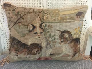 Adorable Vintage Cats & Kittens Needlepoint Pillow