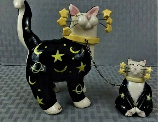 Collectible Amy Lacombe Whimsiclay Moon & Stars Mother Cat & Kitten Signed