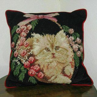 Gorgeous Cat In A Basket Needlepoint Pillow 14 " X14 " - -