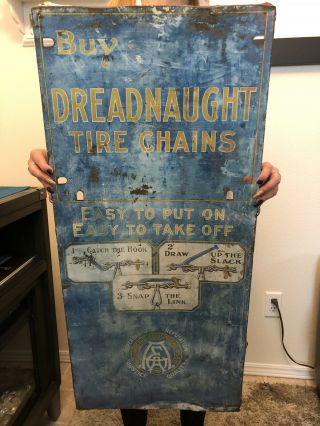 Vintage 1920’s Dreadnaught Tire Chains Metal Sign For Ford Model T 26” X 17”