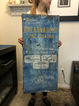 VINTAGE 1920’s DREADNAUGHT TIRE CHAINS Metal Sign For Ford Model T 26” X 17” 2