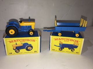 2 Old Vintage Lesney Matchbox 39 & 40 Ford Tractor & Trailer Box 
