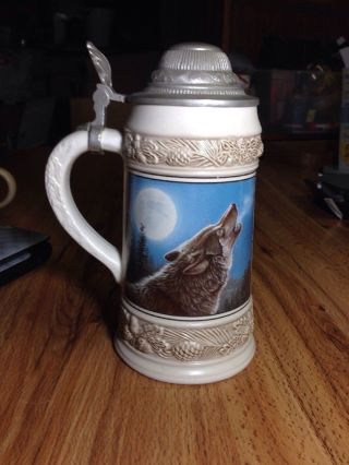 Vintage German Gerz Wolf Howling At Moon Beer Ceramic Stein Pewter Lid