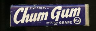 Full 5 - Stick Pack Chum Gum Immitation Grape Flavor Chewing Gum Chicago C.  1950?