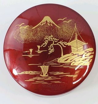 Vtg Red Asian Lacquer Set Of 6 Coasters Container Gold Water Tree Mountain Scene