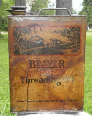 Antique Beaver Threading Machine Oil Gallon Square Can