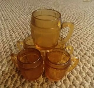 Set Of 5 Vintage Atlas Amber Mini Beer Barrel Mug Shot Glass Toothpick 2 "