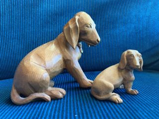 Hand - Carved Wooden Figurines of Dachshund Dogs.  Mother and pup? CUTE 3