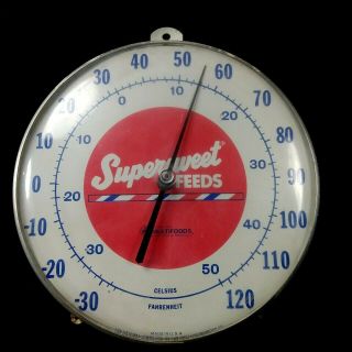 Vintage Supersweet Feeds Thermometer Advertising Sign Ohio Round Dial