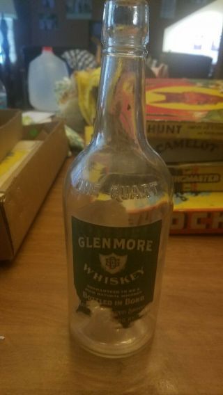Glenmore Medicinal Whiskey Bottle W/ Paper Label Kentucky Prohibition