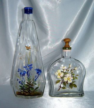 Set Of (2) Vintage Hand Painted Blue/white Floral Clear Glass Decanter Bottles