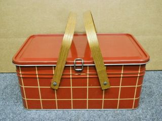 Vintage Red Tin Litho Picnic Basket Container Oak Handles Golden Cookies Salerno
