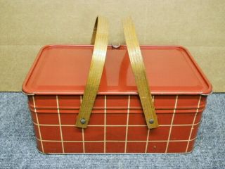 Vintage Red Tin Litho Picnic Basket Container Oak Handles Golden Cookies Salerno 2