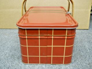 Vintage Red Tin Litho Picnic Basket Container Oak Handles Golden Cookies Salerno 3