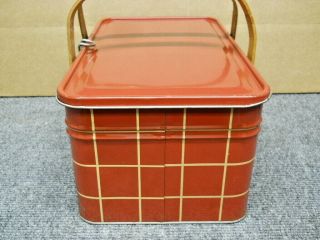 Vintage Red Tin Litho Picnic Basket Container Oak Handles Golden Cookies Salerno 4