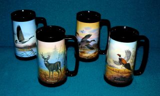 Set Of 4 Vintage/new : Jerry Raedeke : 16 Oz Thermo - Serv Mug Wildlife Bird/deer