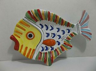 Nino Parrucca Italian Pottery Fish Plate Wall Hanging Hand Painted Signed 11.  25 "