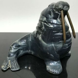 Vtg Carved Art Sculpture Canadian Inuit ? Walrus Brass Tusk Statue Figurine