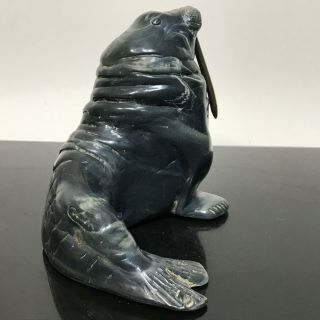 Vtg Carved Art Sculpture Canadian Inuit ? Walrus Brass Tusk Statue Figurine 3