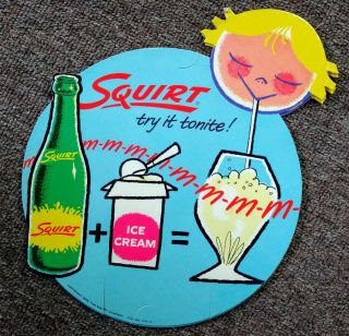 Rare 1950s Squirt Soda Die Cut Bottle Topper Sign.  Nos &.  2